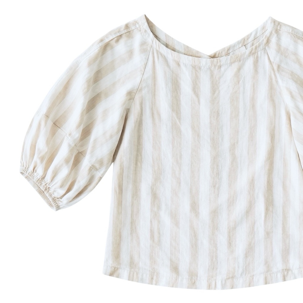 LOFT Linen Blend Blouse XL Tan Cream Striped Puff Sleeve Lightweight Boho Top